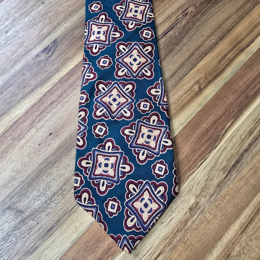 Vintage Oscar de la Renta Couture‎ Neck Tie Mens Teal Burgundy Silk Medallion